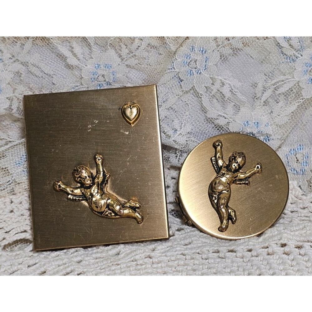 Matching Vintage Gold Tone Cherub Purse Mirror And Lipstick Holder With Mirror